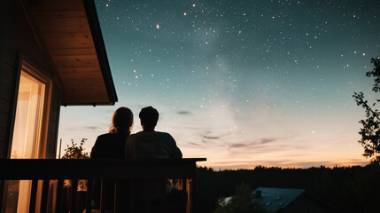 Two people peacefully enjoying evening on porch, gazing at breathtaking starlit sky with shared wonder