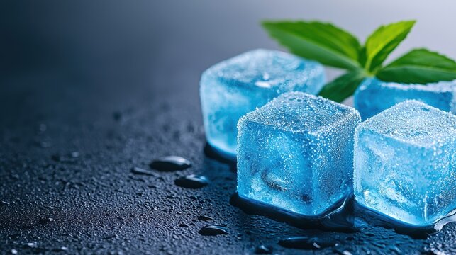 Glimmering blue ice cubes with condensation and fresh mint leaves on a dark surface.