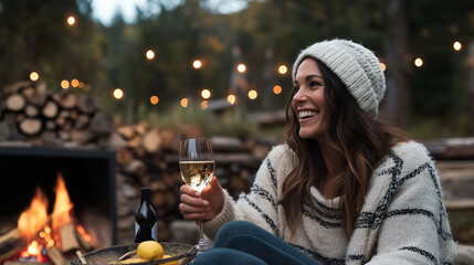 Woman enjoys evening relaxation with partner, sharing laughter and wine by cozy fire pit under soft string lights