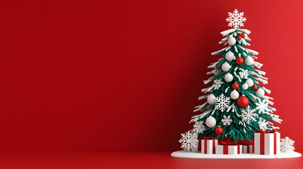 Festive Low Poly Christmas Tree with Red and White Ornaments on Red Background