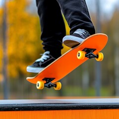 Action Skateboarding Shot Ollie over Ramp in Autumn Setting