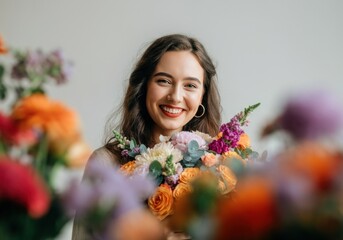 Naklejka premium Smiling woman holding a vibrant bouquet of colorful flowers