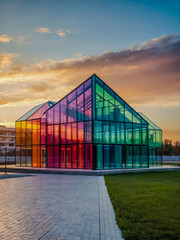 Obraz premium Colorful glass pavilions, modern architecture at sunset.