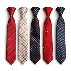 Five Neckties with Geometric Patterns Red, Navy, and Cream Designs on White