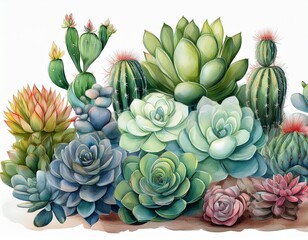 Set of succulents and cactus, watercolor illustration, botanical painting. Generated image