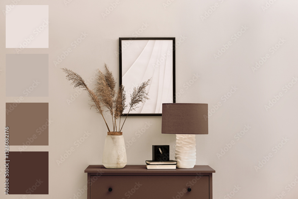 Leinwandbilder console table in mocha mousse shade and decor in room. interior design with matching color palette