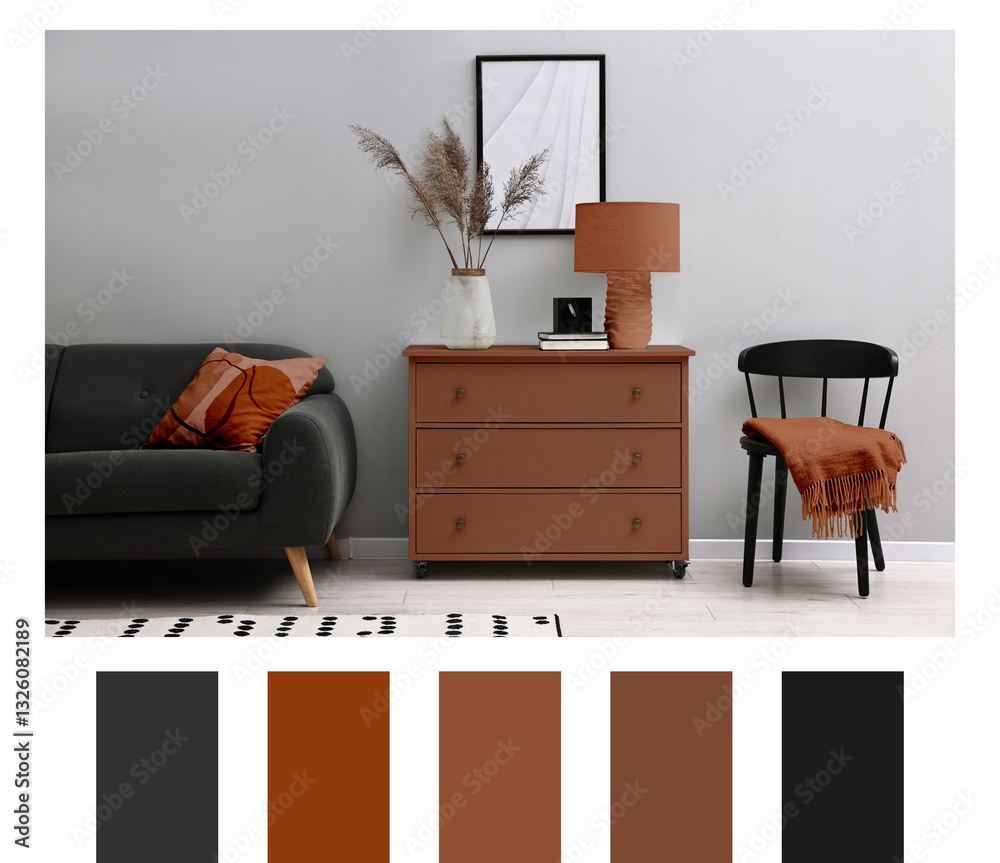 Poster stylish living room with elements in mocha mousse shade. interior design and matching color palette
