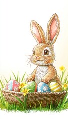 Cute Easter Bunny with Colorful Easter Eggs in a Basket, Happy Easter Greeting Card, Spring Holiday