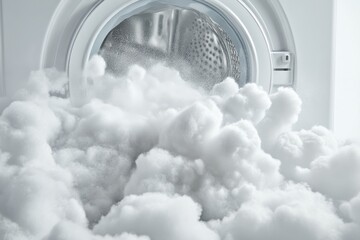 Close-up of Fluffy White Laundry Tumbling out of a Dryer in a Minimalistic Indoor Setting During Daylight