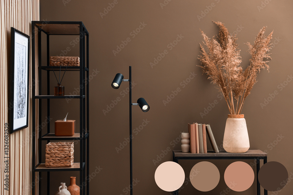 Aufkleber Console table, lamp and shelving unit near wall in mocha mousse shade. Interior design with matching color palette