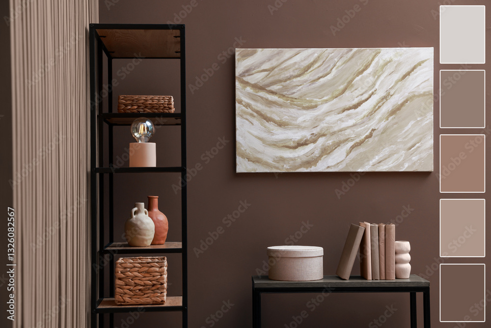 Aufkleber Console table and shelving unit near wall in mocha mousse shade. Interior design with matching color palette