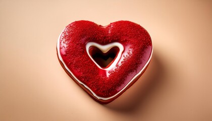 Fototapeta premium Heart Shaped Red Velvet Donut with Glaze Toping on Cream Background Isolated