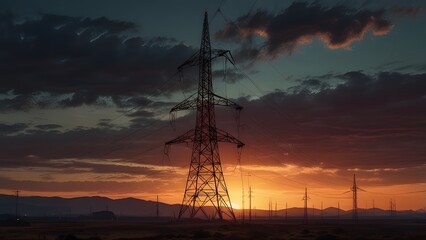Futuristic 5G tower glowing sunset metallic transmission structure isolated cyberpunk landscape wireless network dystopian sci-fi industrial digital moody atmospheric

