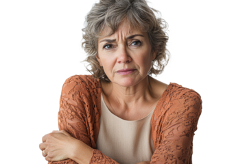 Woman with curly hair showing a worried expression