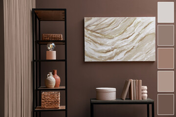 Fototapeta premium Console table and shelving unit near wall in mocha mousse shade. Interior design with matching color palette