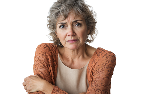 Woman with curly hair showing a worried expression