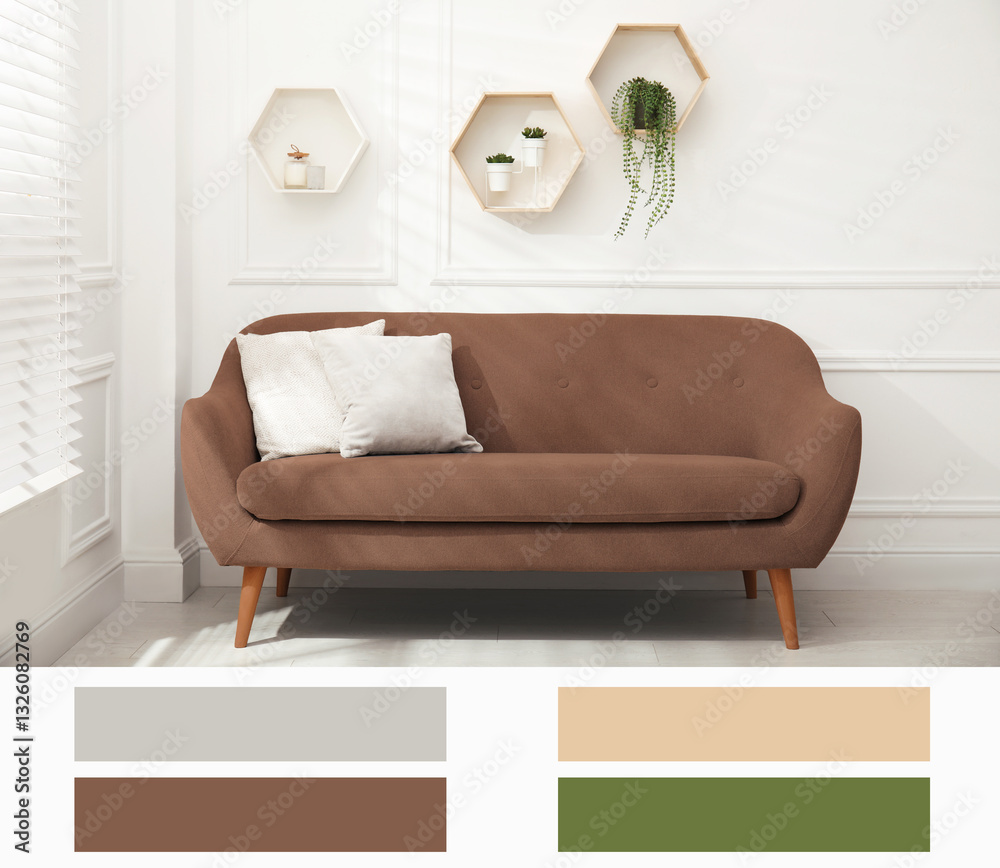 Poster Stylish living room with sofa in mocha mousse shade. Interior design and matching color palette