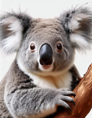 Retrato de un adorable koala gris australiano trepando por una rama de árbol mirando de frente feliz sobre fondo blanco