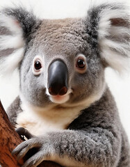 Retrato de un adorable koala gris australiano trepando por una rama de árbol mirando de frente feliz sobre fondo blanco