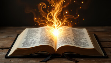 Open Bible with fiery aura symbolizing revelation or divine knowledge.