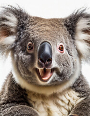 Retrato vertical de un adorable koala gris australiano mirando de frente feliz sobre fondo blanco