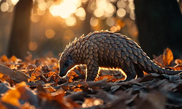 A pangolin foraging on a forest floor covered with autumn leaves during golden hour lighting