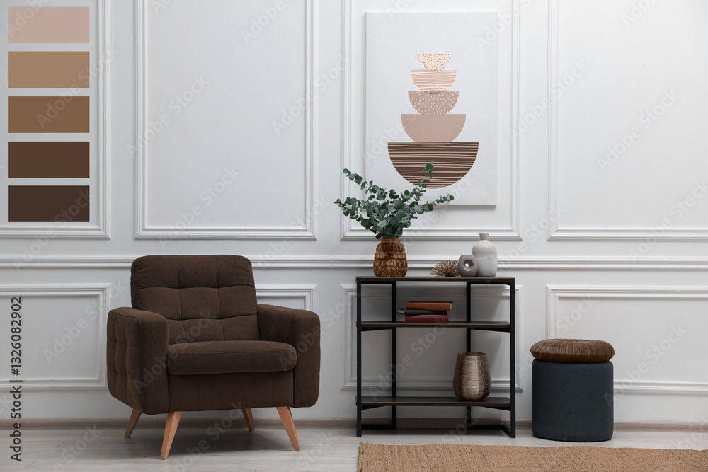 Poster Stylish living room with console table and other furniture in mocha mousse shade. Interior design with matching color palette