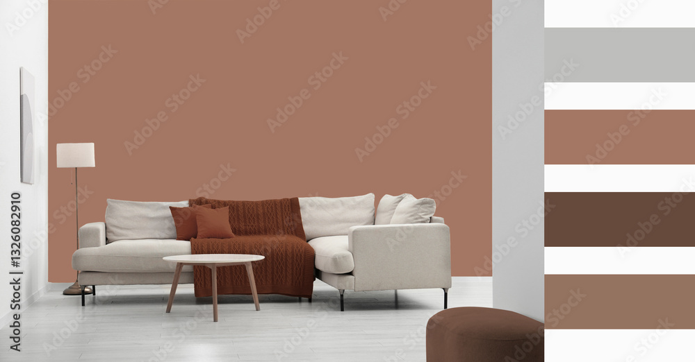 Poster stylish living room with elements in mocha mousse shade. interior design and matching color palette