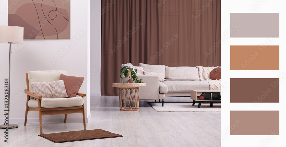 Aufkleber Stylish apartment with elements in mocha mousse shade. Interior design and matching color palette