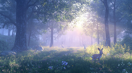 Obraz premium Experience the magical Easter morning in an enchanted forest, with a misty sunrise, soft glowing light filtering through tall trees, and rabbits and deer in the distance