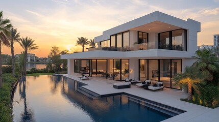 Fototapeta premium Modern Luxury Villa with Infinity Pool at Sunset