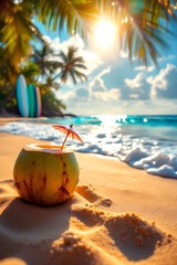 Cocktail dans une noix de coco sur une plage paradisiaque