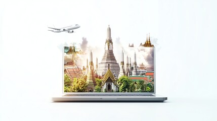 Obraz premium Historic Wat Pho Temple Emerging from a Laptop Screen, Featuring Bangkok's Cultural Heritage with a Surreal Travel-Themed Airplane in a Bright Modern Design.