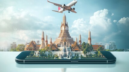 Obraz premium Wat Pho Temple's Cultural Grandeur Displayed on a Smartphone Screen, Highlighting Bangkok's Historic Essence with a Flying Airplane in a Vibrant Travel Aesthetic.