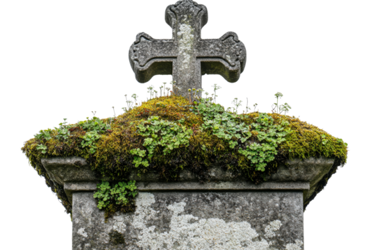 Moss covered stone cross on a grave marker