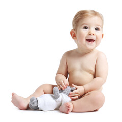 Happy little baby with toy on white background