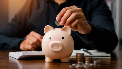 Concepts of saving money and financial planning. finance, wealth, fund, savings, benefit, insurance, invest, investor, management, income, return,  A man is putting coins into a piggy bank.