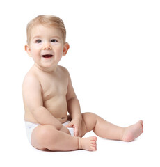Happy little baby sitting on white background