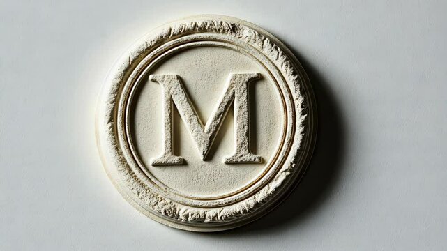 Rotating monogram m on textured surface in subtle lighting