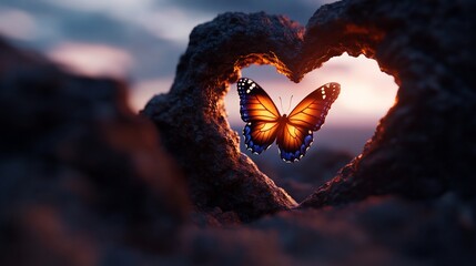 Butterfly in heart-shaped cave at golden hour symbolizing transformation