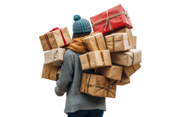 Person carrying a large stack of gift wrapped packages