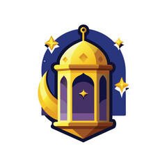 Golden crescent moon,  Islamic lantern, golden domed structure,  golden ornaments, hanging stars, night sky, 