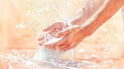 Fototapeta premium Watercolor-style illustration of a man washing his hands for coronavirus prevention. Soft pastel tones and minimal design emphasize hygiene and health awareness.