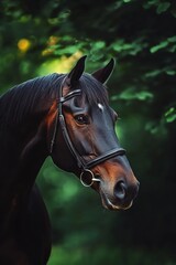 Obraz premium Majestic Bay Horse in Profile, Set Against a Lush Green Backdrop, Captivating Equestrian Portrait.