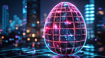 A vibrant glowing neon Easter egg with a mesmerizing holographic pattern floats amidst a futuristic cyberpunk city backdrop. A striking blend of tradition and tech