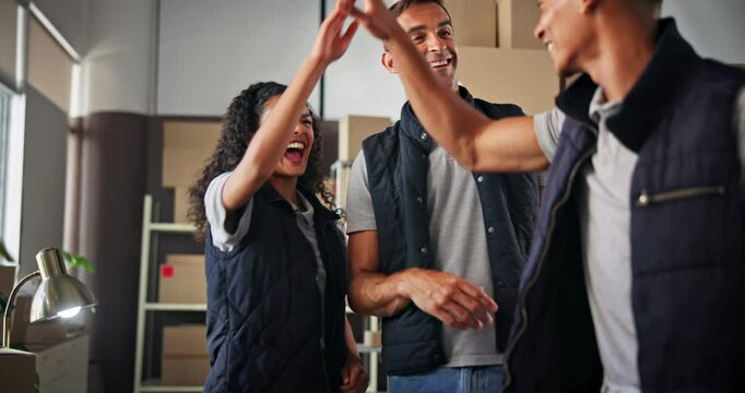 Office, business people and support with high five for logistics, box distribution or celebrate for startup. Service, teamwork and employees with hands gesture for supply chain, success or solidarity