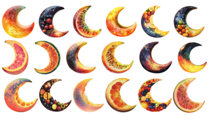 Set of crescent moons infused with cosmic galaxy and fruit textures, isolated on transparent background