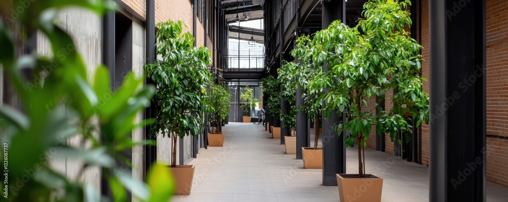 Poster a serene indoor space featuring potted trees, surrounded by modern architecture, creating a calm and