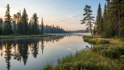 Fototapeta premium Tranquil River Landscape at Sunrise with Trees and Reflection