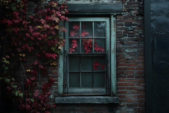 Autumn Leaves on Old Brick Wall Window